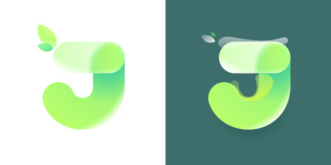 Letter J eco logo with green gradient and leaf in Glassmorphism style.