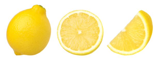 ripe lemon fruit half and slices isolated, Fresh and Juicy Lemon, transparent png, cut out.