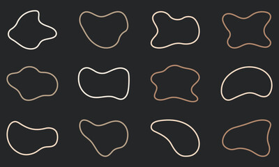 Free Form Abstract Black Outline Set on Black Background. Irregular Random Minimal Blob Form. Organic Asymmetric Blotch, Stain, Spot, Splodge Line Collection. Isolated Vector Illustration