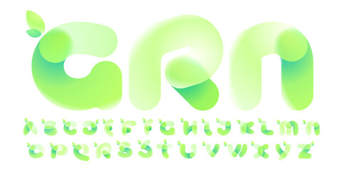 Eco alphabet with green gradient and leaves in Glassmorphism style.