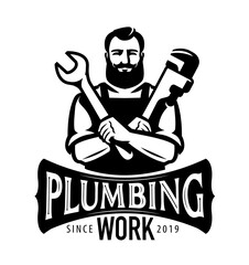 Plumbing work, construction service emblem or logo. Plumber with tools symbol. Vector illustration