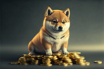 Shiba Inu dog sitting on top of gold coins, generative ai 