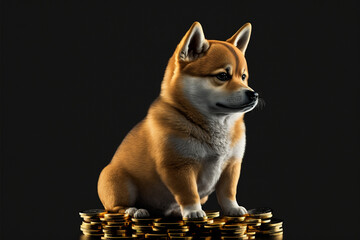 Shiba Inu puppy sitting on top of gold coins, generative ai 