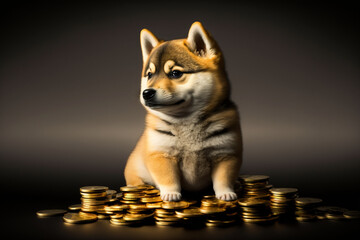 Dog sitting on top of a pile of gold coins, generative ai 