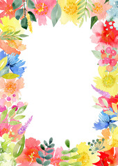 Watercolor floral frame. Spring and summer flowers. Bright floral invitation, greeting or decoration. Postcard design. Isolated object on a white background.