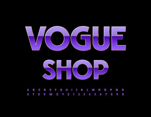 Vector elite Sign Vogue Shop. Glossy Violet Font. Artistic Alphabet Letters and Numbers set