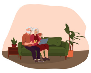 Old couple at home with cat. Relaxation at home. Vector illustration
