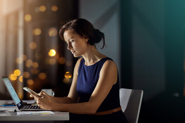 Phone, night or business woman typing online review of financial portfolio, forex stock market database or nft. Bitcoin mining research, trading office or female trader text crypto investment contact