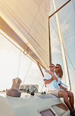 Travel, investment and luxury with couple on yacht for success, relax and wealth on retirement...