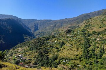 Naklejka na ściany i meble Khumbu valley mountains landscape - trekking in the Himalaya, Nepal. Himalaya landscape and mountain views.