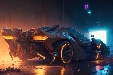 Obraz na płótnie Canvas Futuristic modern cyberpunk car. Neon background. AI