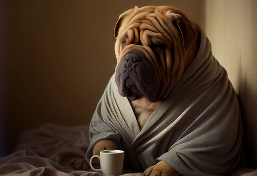 Portrait von einem schlechtgelaunten Hund mit Bademantel und einer Tasse Kaffee am Morgen. Typischer Morgenmuffel - Generative Ai