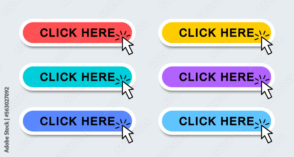 Aufkleber click here web buttons. modern buttons click here arrow pointer clicking. call to action button. vec
