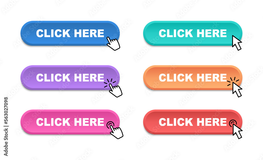 Aufkleber click here web buttons. modern buttons click here hand pointer clicking. call to action button. vect