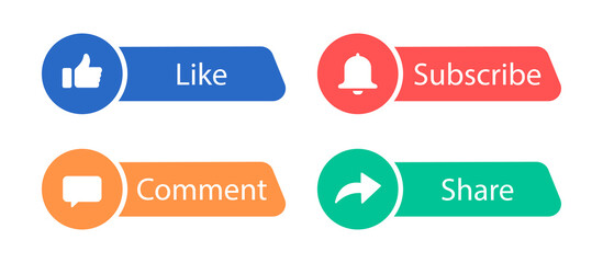 Like, comment, subscribe and share buttons. Set of icon buttons for social media and channel. Vector Illustration.