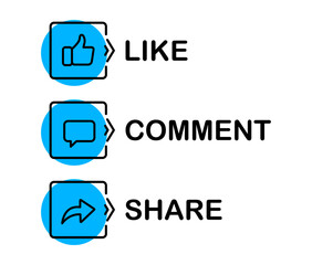 Like, comment and share buttons. Set of icon buttons for social media and channel. Vector Illustration.