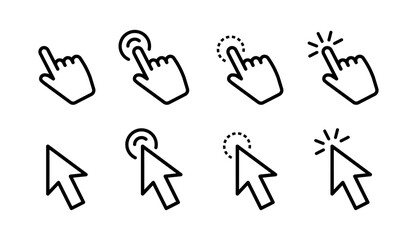 Set of hand pointer icon. Clicking arrow poiner. Computer mouse click cursor. Clicking finger. Click cursor collection. Hand pointer icon. Touch icon. Vector