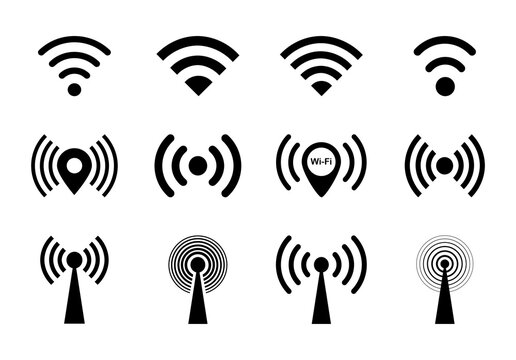 Wi-Fi and wireless icon set. Wireless level and wifi signal. WiFi zone sign. Mobile connection icons. Vector