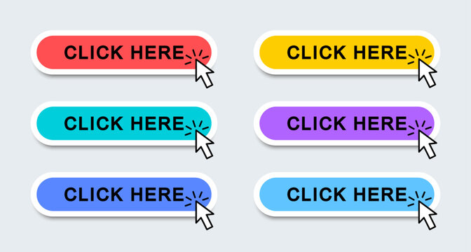 Click here web buttons. Modern buttons click here arrow pointer clicking. Call to Action Button. Vector illustration.