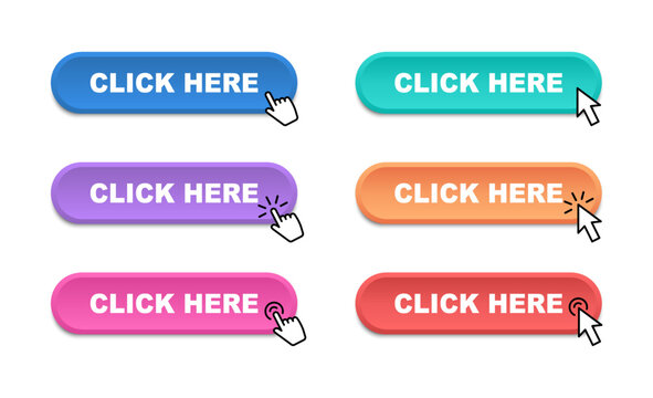 Click here web buttons. Modern buttons click here hand pointer clicking. Call to Action Button. Vector illustration.