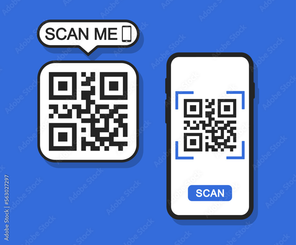 Poster qr code scan concept with smartphone. scan me frame. qr code for mobile app, payment and identificat