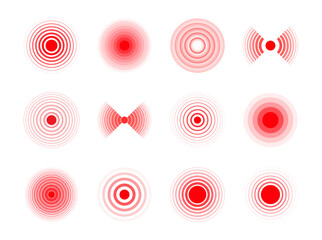 Set of pain red circles. Red rings. Pain place, localization sign and pain spots. Throbbing pain symbol on the body and joints. Vector