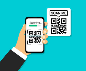 QR code scan concept with smartphone. Scan me frame. QR code for mobile app, payment and identification. Verification. Vector illustration.