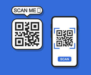 QR code scan concept with smartphone. Scan me frame. QR code for mobile app, payment and identification. Verification. Vector illustration.