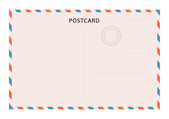 Vintage postcard vector template. Blank travel postcard. Post card frame. Retro mail envelope with stamp.