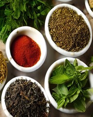spices and herbs in bowls