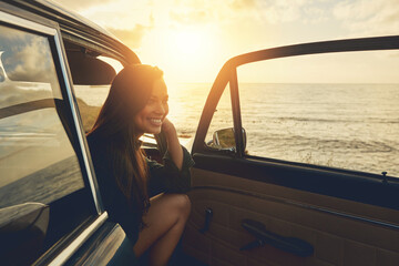 Relax, thinking and woman on road trip at the beach for summer, freedom and car travel in Spain....