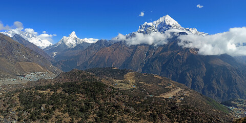 Ama Dablam mountain landscape - trekking in the Himalaya, Nepal. Himalaya landscape and mountain views.