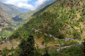 Surke village at Khumbu valley - mountains landscape - trekking in the Himalaya, Nepal. Himalaya landscape and mountain views.