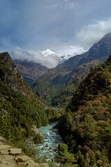 Fototapeta na wymiar Khumbu valley mountains landscape - trekking in the Himalaya, Nepal. Himalaya landscape and mountain views.