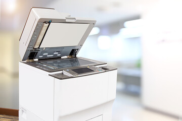 Photocopier printer, The copier or photocopy machine office equipment workplace on white wall background for scanner or scanning document and printing or copy paper duplicate and Xerox. - obrazy, fototapety, plakaty