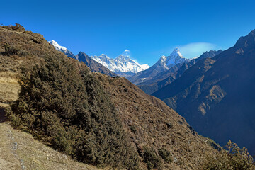 Khumbu valley mountains landscape - trekking in the Himalaya, Nepal. Himalaya landscape and mountain views.