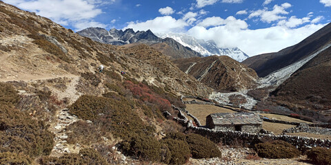 Khumbu valley mountains landscape - trekking in the Himalaya, Nepal. Himalaya landscape and mountain views.
