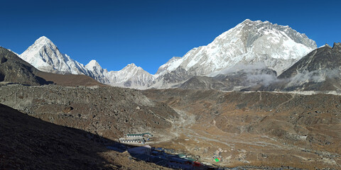 Khumbu valley mountains landscape - trekking in the Himalaya, Nepal. View at Lobuche village. Himalaya landscape and mountain views.