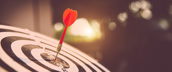 Bullseye or Bulls eye target or dartboard has red dart arrow throw hitting the center of a shooting...