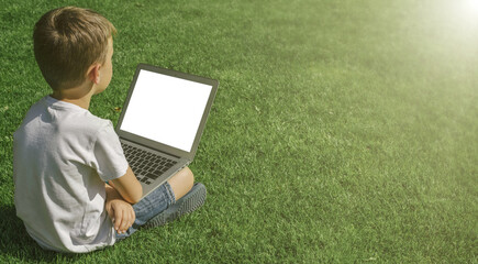 A child sits on the grass and studies with a laptop online, enjoying nature