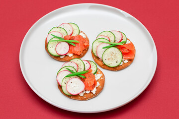 Crispy Cracker Sandwiches with Fresh Salmon, Cucumber, Radish, Cottage Cheese and Green Onions. Easy Breakfast. Quick and Healthy Sandwiches. Crispbread with Tasty Filling. Healthy Dietary Snack