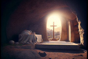 Tomb Empty And Crucifixion At Sunrise. Resurrection Of Jesus Christ. He is Risen, Generated ai