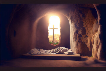 Tomb Empty And Crucifixion At Sunrise. Resurrection Of Jesus Christ. He is Risen, Generated ai - obrazy, fototapety, plakaty