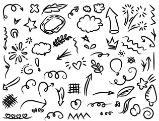 Abstract arrows, ribbons, crowns, hearts, explosions and other elements in hand drawn style for concept design. Doodle illustration. Vector template for decoration