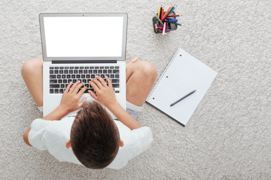 school at home through online homeschooling. the child is sitting at the computer