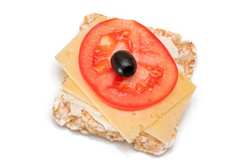 Rice Cake Sandwich with Tomato, Cheese and Olives - Isolated on White. Easy Breakfast. Diet Food. Quick and Healthy Sandwiches. Crispbread with Tasty Filling. Healthy Dietary Snack - Isolation