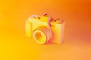3D render style retro photo camera on vibrant gradient orange background. Creative VR or AI photography concept.