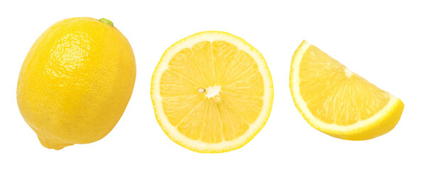 ripe lemon fruit half and slices isolated, Fresh and Juicy Lemon, transparent png, cut out. - obrazy, fototapety, plakaty