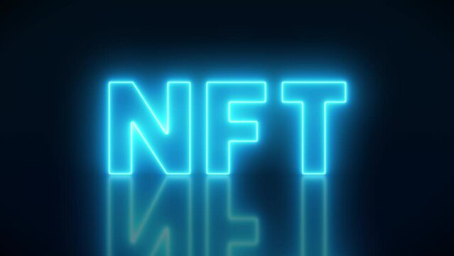 Video animation of luminous text with message nft on dark blue background - seamless loop - abstract background