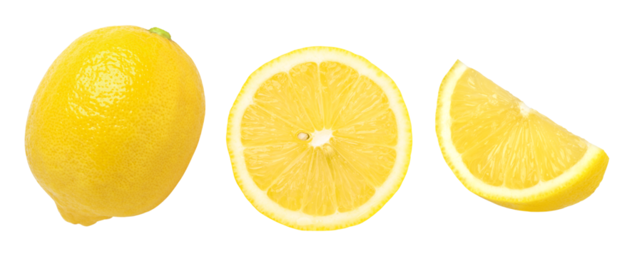 ripe lemon fruit half and slices isolated, Fresh and Juicy Lemon, transparent png, cut out.